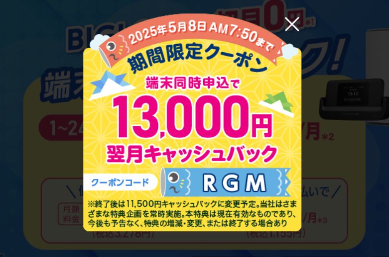 BIGLOBE WiMAX キャッシュバッククーポンコードポップアップ